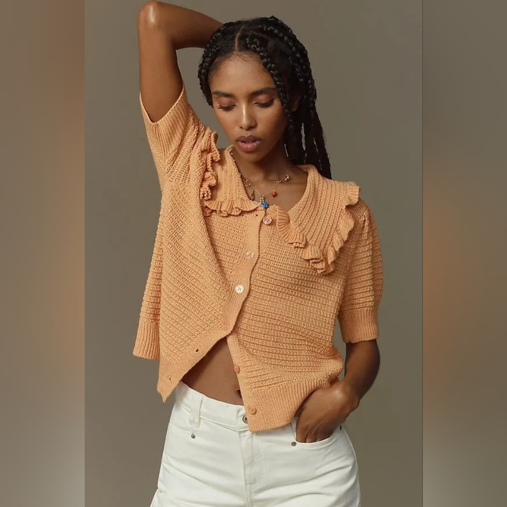 Self Contrast Ruffle Collar Cardigan Sweater - Picture 2 of 12
